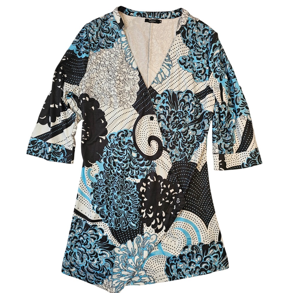 Reborn New York Abstract Floral Faux Wrap Tunic Top Blue Black White Medium